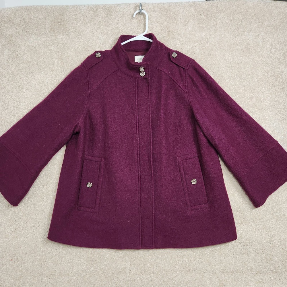 Chico's Purple Plum 100% Wool Winter Lined Boiled Coat Jacket Size 3 XL